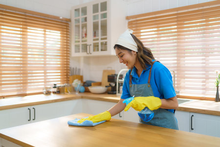 Skillful Asian housewife effortlessly utilizes a tablecloth and sprayer in her kitchen, demonstrating her expertise in creating a clean and inviting space for her family to enjoy.の写真素材