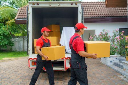 , two transport workers unload boxes, facilitating a seamless move to a new house for their delighted customers. Their dedicated efforts ensure a stress-free and successful relocation experience.の写真素材