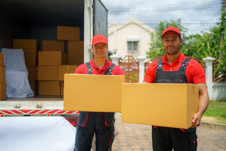 The House Removals company employees stand proudly behind the truck, boxes in hand, wearing smiles that reflect their commitment to a successful move. With their expertise, they ensure a smooth and happy transition for their valued customers.の写真素材