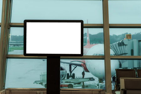 An empty billboard at the airport, accompanied by seats, features a subtle airplane backdrop, offering a prime space to showcase your message.の写真素材