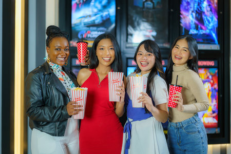 Diverse friends, popcorn in hand, stroll joyfully in front of the cinema, embodying friendship and fun-filled anticipation for an entertaining movie night.の写真素材