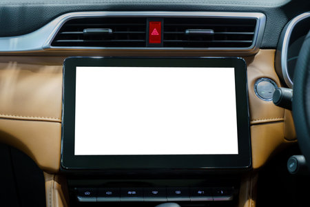 Futuristic driving unfolds on the pristine canvas of a digital dashboard. White mockup screen hints at a realm of customizable possibilities.の写真素材