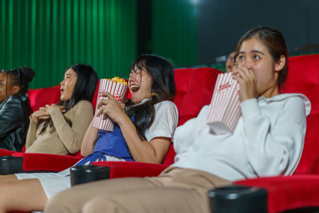 Individuals react to a horror movie on the big screen. This candid moment captures the thrill and fright of the cinematic experienceの写真素材