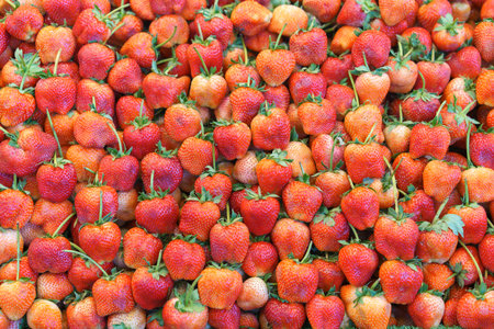 A close-up view of a large, vibrant pile of fresh strawberries, showcasing their bright red color...