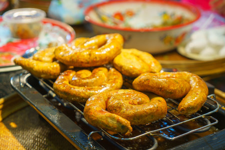ndulge in the flavors of Northern Thailand with this savory delight! Aromatic grilled sausages, renowned for their unique blend of spices and rich flavors, are skillfully presented on a rack, enticing with their tantalizing aroma and inviting appearanceの写真素材