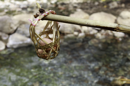 Natural Boil eggs for mineral food .boling in the hot water with basket at hot springsの写真素材