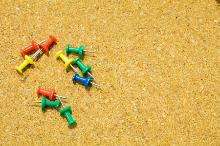 Group set colorful  push pins thumbtacks on corkboardの写真素材