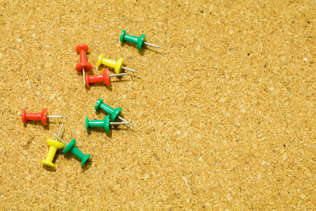 Group set colorful  push pins thumbtacks on corkboardの写真素材