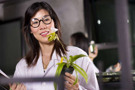 Orchid growing, two scientists working in lab about growing plant.の写真素材