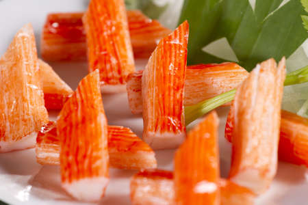 crab stick, decorate crab stick in white plate Japanese food.の写真素材