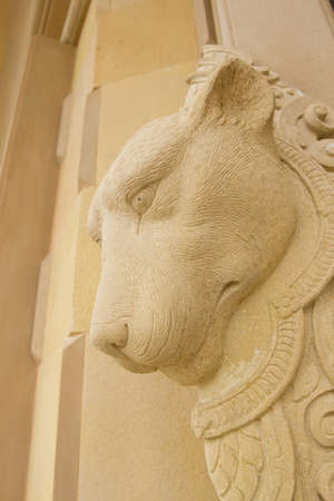 Lion sculpture, cement lion head sculpture dress up artの写真素材