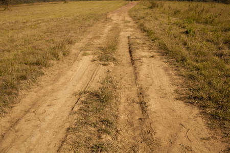 wheel track, brown rough dirty road with rutty wheel traceの写真素材