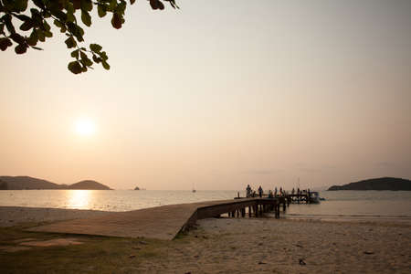 long jetty, Long beach wooden jetty in Koh Mak, Trad, Thailandの写真素材