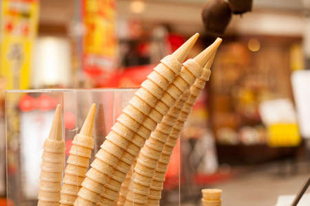 cone ice-cream, dry empty cone ice cream made from flour stack upの写真素材