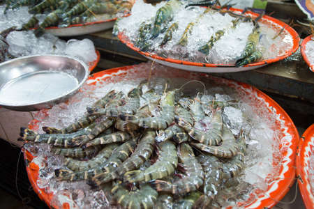 raw shrimp, Raw shrimp and prawn selling on ice in fresh market, Thailandの写真素材