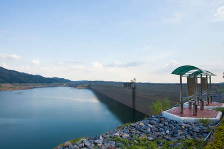 Dam large dam border with water level measurement in Thailandの写真素材