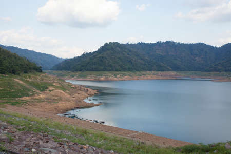Dam large dam border with water level measurement in Thailandの写真素材