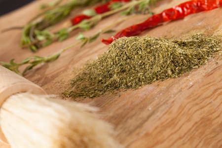 matcha powder, matcha powder for cooking decorate with brush, herb and fresh pastaの写真素材