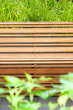 wood bench, empty long wood bench in a park showing texture