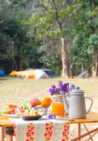 picnic, view of picnic table with fruits, juice and vegetable at the camping areaの写真素材