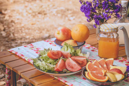 picnic, view of picnic table with fruits, juice and vegetable at the camping areaの写真素材