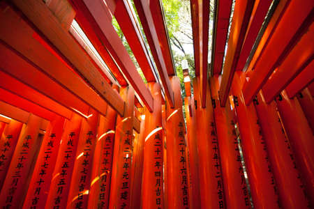 Red Torii pole tunnel at Fushimi Inari Shrine, each pole written names of donator , Kyoto Japanのeditorial素材