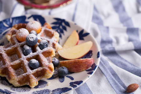 Blueberry apple waffle with honey set on a dish decorated with fresh blueberry, appleの写真素材