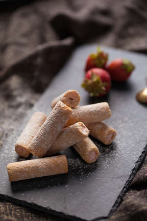 Strawberry cut snack filling strawberry cream decorated with fresh strawberry fruitの写真素材