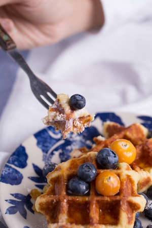 Closeup of a fork cutting a piece of blueberry waffle decorated with fresh blueberry in a nice dish.の写真素材