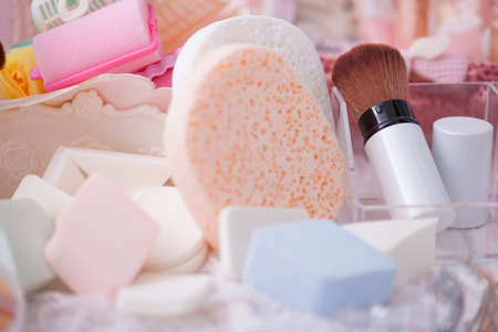 Beauty cosmetic tools and hair accessories in basket.の写真素材