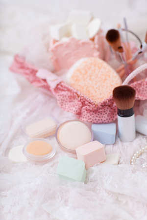 Candy color of Makeup puff and sponge with some cosmetic brush decorating.の写真素材