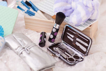 Make up table with make up brushes and pocket grooming set.の写真素材