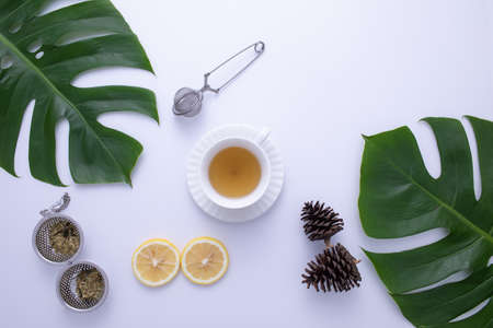 A glass of hot tea with fruit and leaves decorated on white background.の写真素材