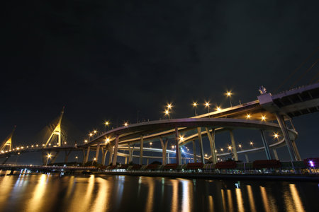 Bhumibol Bridge in Thailand or the Industrial Ring Road Bridge in evening scene of sunset scenery...