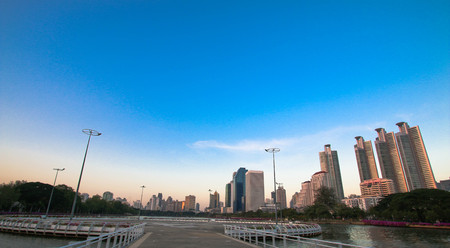 BANGKOK, THAILAND - DECEMBER 18, 2016 : cityscape twilight at benjakitti public park.のeditorial素材