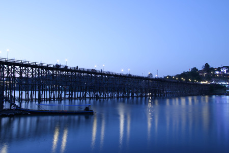 Wooden bridge of Sangklaburi in Kanjanaburi province,Thailand, At night.の写真素材