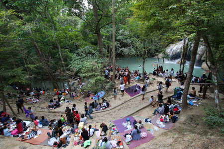 Kanchanaburi, THAILAND - January 1, 2017 : Erawan national park, most famous tourist place of the western area.のeditorial素材