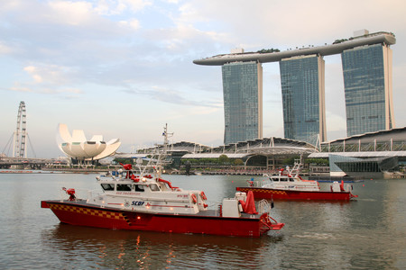 SINGAPORE - JULY 8, 2017 : Faster fire response vessels and new marine bases are on the cards as the Singapore Civil Defence Force (SCDF), during Singapore National Day.のeditorial素材