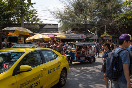 BANGKOK, THAILAND - February 23, 2019 : crowd of tourist and people shopping in Chatuchak outdoor street weekend market, this place is a famous and popular travel destination in Bangkok.のeditorial素材