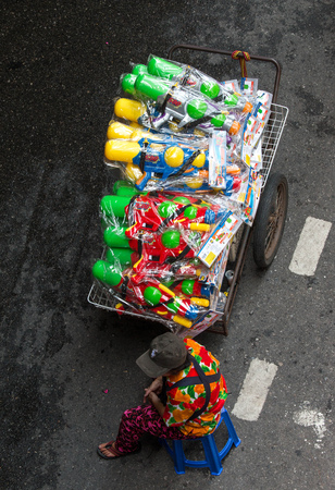 BANGKOK, THAILAND - April 15, 2019 : Water gun on stall at Songkran Festival in Silom, Bangkok.のeditorial素材