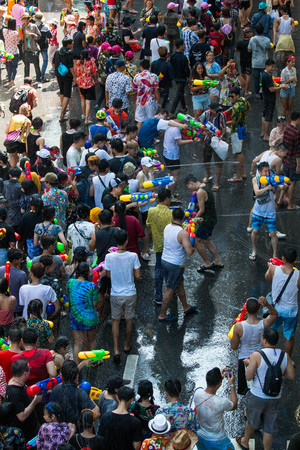 BANGKOK, THAILAND - April 15, 2019 : Famous Songkran Festival in Silom, One of the most popular water fight places during Songkran in Bangkok.のeditorial素材