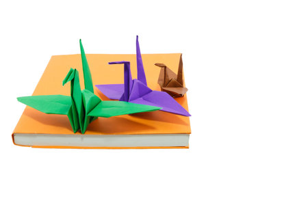 Origami Bird on books isolated and white backgroundの写真素材