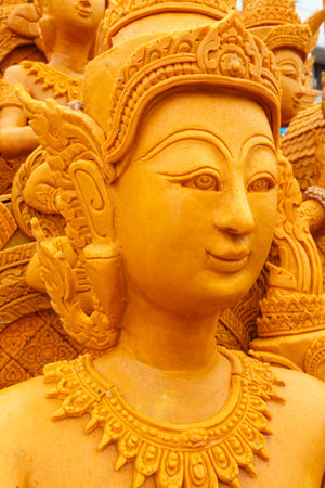 Thai style candle wax carving in the traditional candle procession festival of Buddha, at  Nakhon Ratchasima,Thailandのeditorial素材