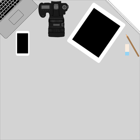 White office photography desk table with laptop, tablet, camera . Top view with copy space.Vector illustrationのイラスト素材