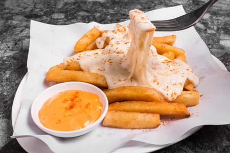 French fries on top with chesse served with sauce on plate.
