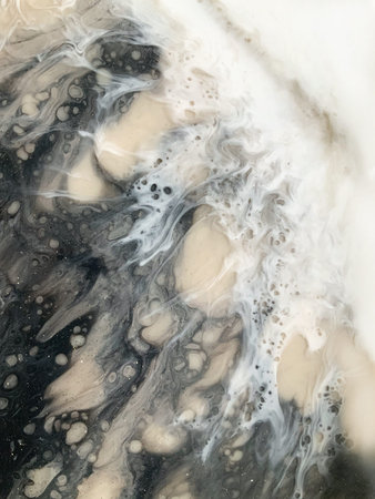 Abstract painting, pour epoxy resin, beige, black, gold and white color. Fluidity, cells, bubbles,...