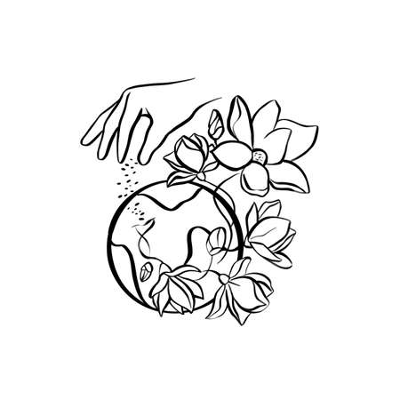 Line art of hands with seeds and sprouts. Concept of ecological sustainability, environmental protection, Green earthの写真素材