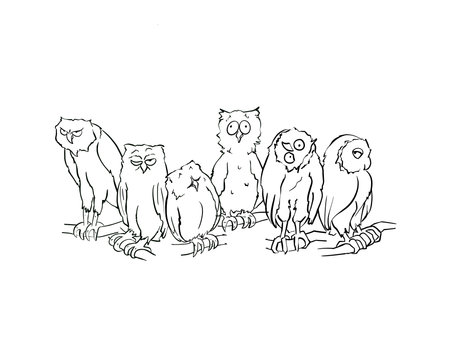 Set of hand drawn character doodle owl in one line art style. Wild birds sketch. Minimalistic owl collageの写真素材