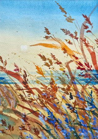 Sunset summer sandy beach with colorful grass. Cute watercolor painting of sunset branch silhouettes. Evening sunset on the seashore illustration. Watercolor seascape on textured paperの写真素材