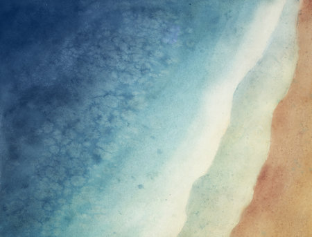 Watercolor drawing of top view on sea wave. Watercolor drawing on textured paper. Watercolor brush painting with granulation effect on paper. Warm summer sunny beach, seascape artの写真素材